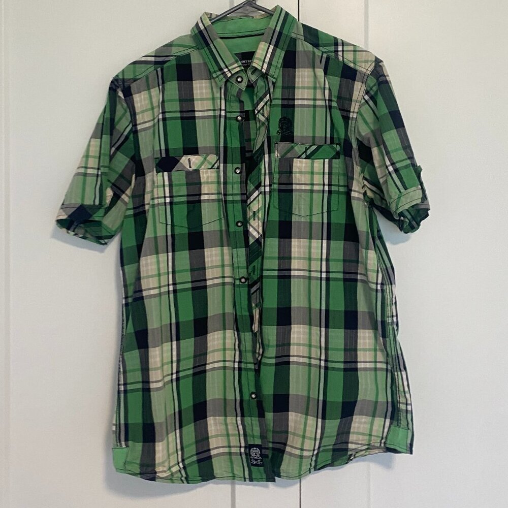 2/$15 Point Zero Green Plaid Casual Button Up Shirt Short Sleeve Size Medium